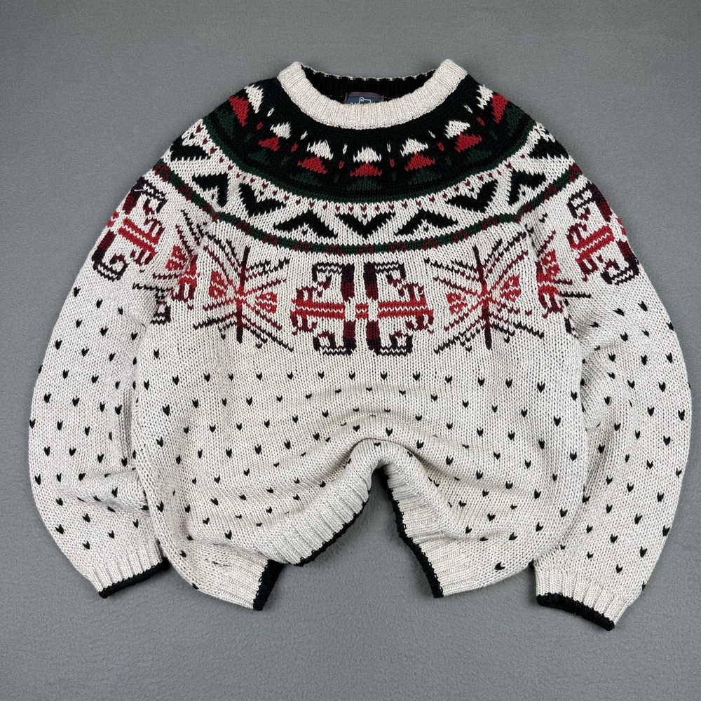Vintage 90s Woolrich Size XL Handframed Knit Wool Ramie Sweater Winter Festive‎